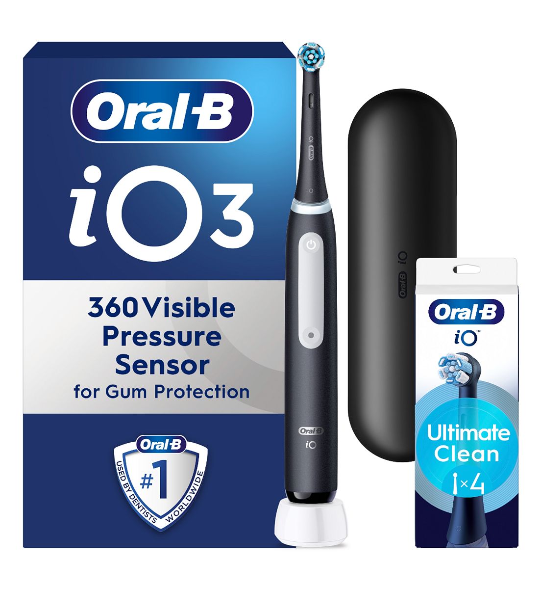 Oral B Oral-B Io3 Matt Black Electric Toothbrush + Io Ultimate Clean Heads 4 Pack Bundle